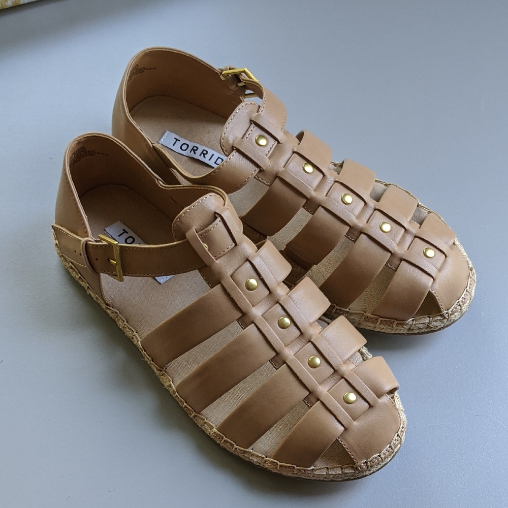 Sandals Women 10.5WW Espadrille Tan Buckle Gold Strappy Summer Beach New